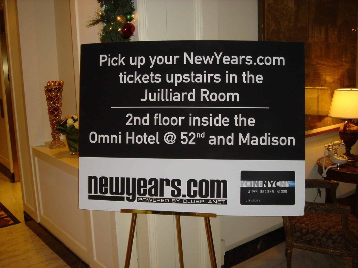 A NewYears.com event sign, powered by Clubplanet, at the Omni Hotel in New York City